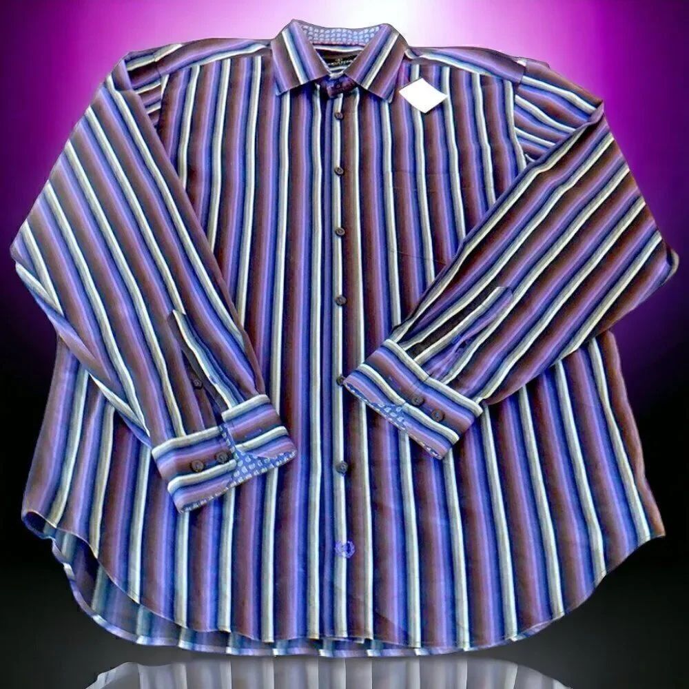 Bugatchi mens multi-hue purple stripes button dress shirt